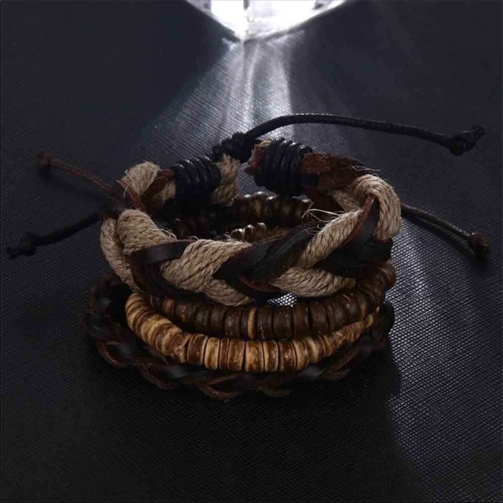 🏆Set of 5 Boho Leather and Beaded Bracelet Set - Picture 3 of 5